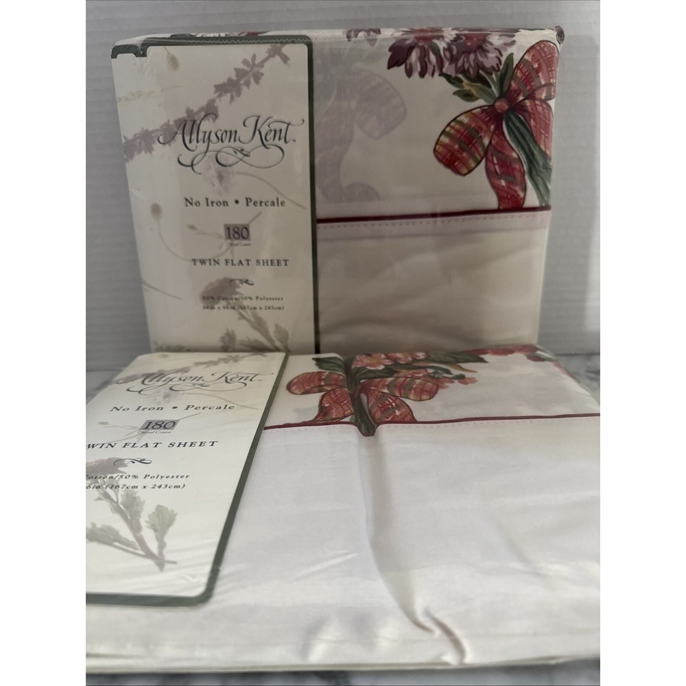 Allyson Kent Twin Flat Sheet Floral Bows Country Burgundy No Iron Percale USA-2